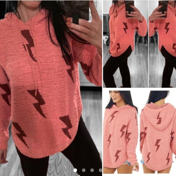 NWT⚡️Cozy Pullover Hoodie Medium Pink Long Sleeve Lightning Bolt Teddy Fuzzy - Picture 2 of 16